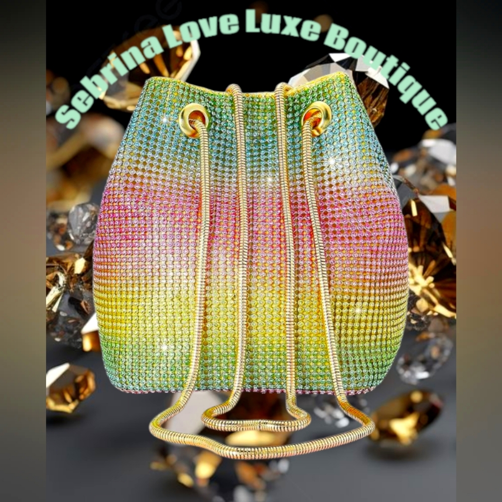 Beautiful Blingy Rainbow Multicolor Crystal Bucket Bag Purse